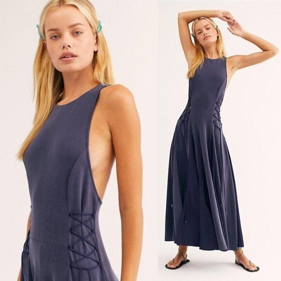 Free People Dresses & Skirts - Free People Stella Cupro Lace Up Pleated Maxi Dress Blue Large Sleeveless